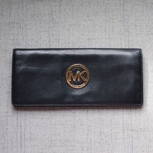 Michael Kors Wristlet Wallet Black Pebbled Leather with Gold MK Logo Classic